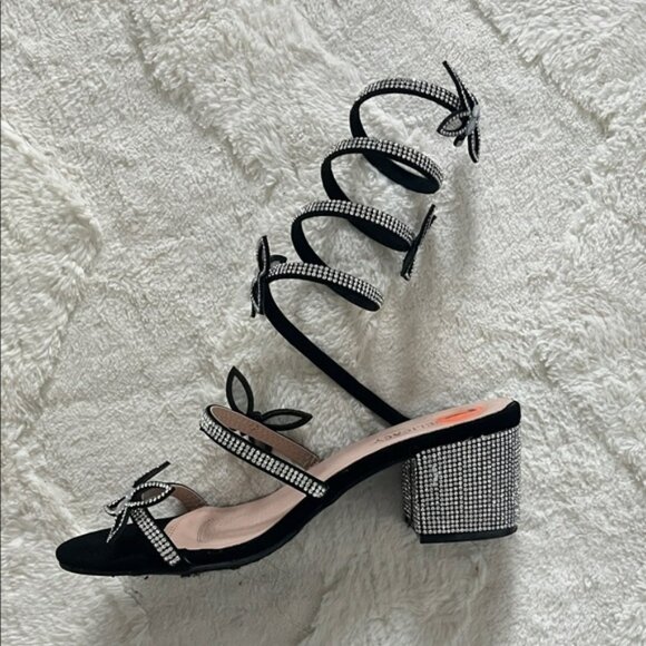 WORN ONCE— Black Rhinestone Wrap Heels - Picture 1 of 6